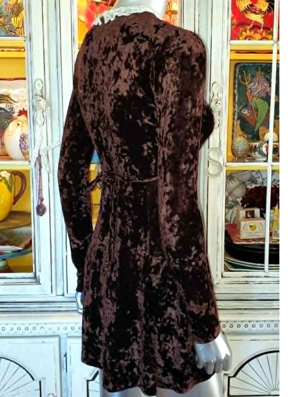 Vintage Betsey Johnson 90s Y2K Brown Crushed Velvet Victorian Pearl Skater Dress - Picture 5 of 15